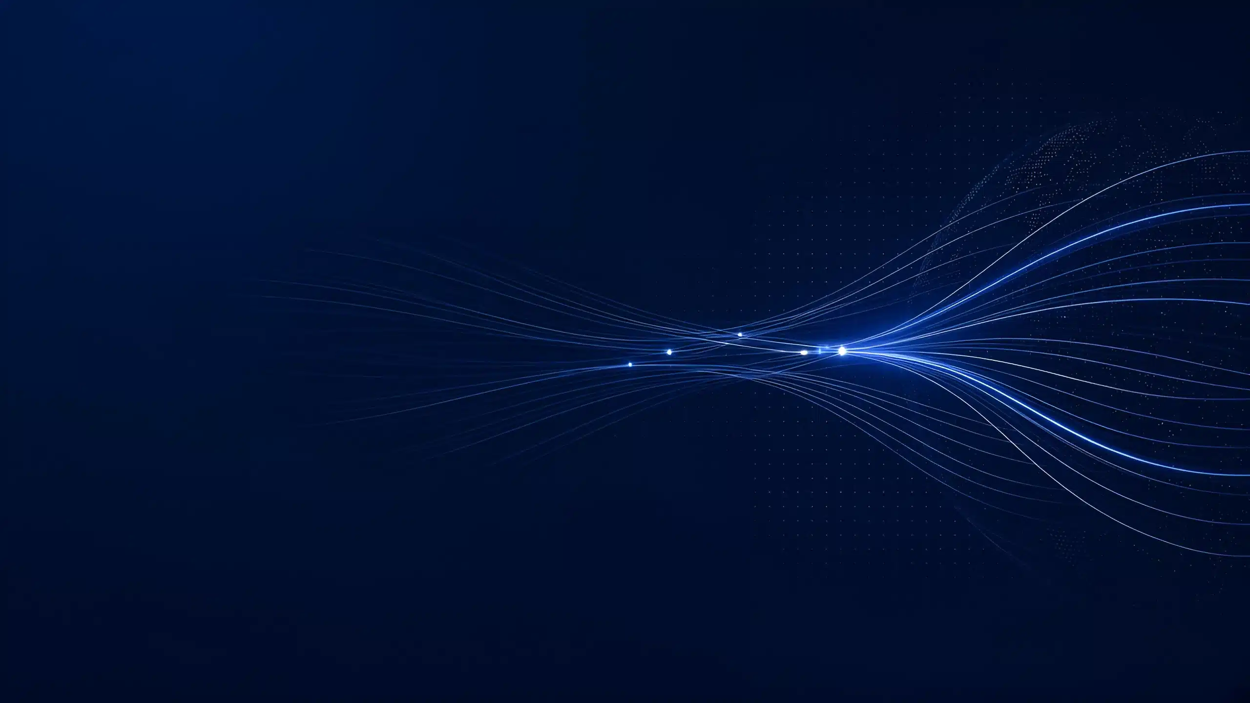 Abstract lines of blue light converging through bright points on a dark navy background